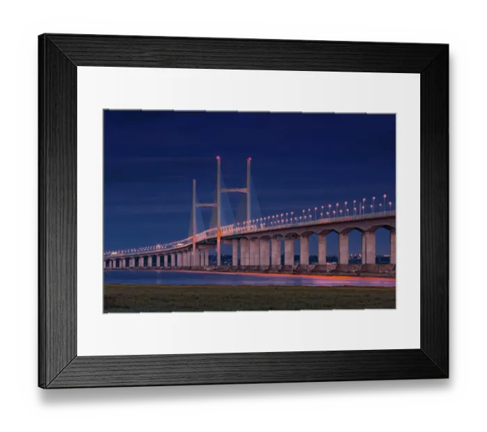 Framed Print : View of road bridge over river at twilight, viewed from Caldicot, Second Severn Crossing, River Severn, Severn Estuary Framed Print : View of road bridge over river at twilight, viewed from Caldicot, Second Severn Crossing, River Severn, Severn Estuary