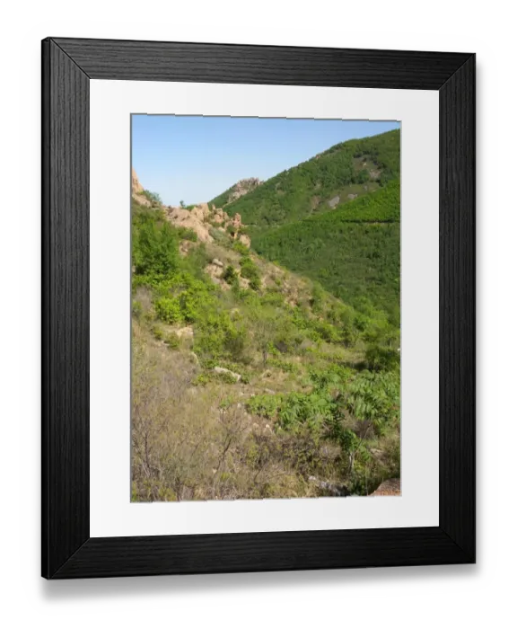 Framed Print : View over rocky scrub habitat on mountainside, Zushan Forest Park, Qinhuangdao, China, may Framed Print : View over rocky scrub habitat on mountainside, Zushan Forest Park, Qinhuangdao, China, may
