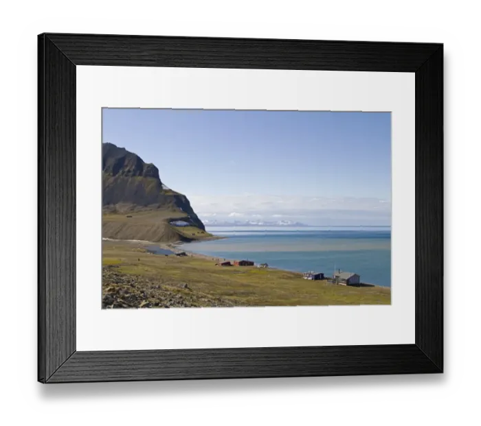 Framed Print : View of coastal settlement, Grumantbyen, Spitzbergen, Svalbard, july Framed Print : View of coastal settlement, Grumantbyen, Spitzbergen, Svalbard, july