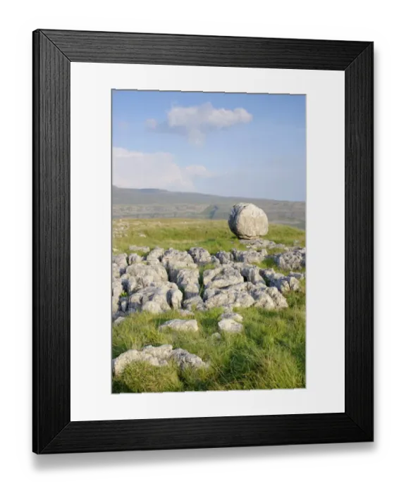 Framed Print : View of limestone pavement and erratic rock, Twistleton Scars, looking towards Ingleborough, Ribblesdale Framed Print : View of limestone pavement and erratic rock, Twistleton Scars, looking towards Ingleborough, Ribblesdale