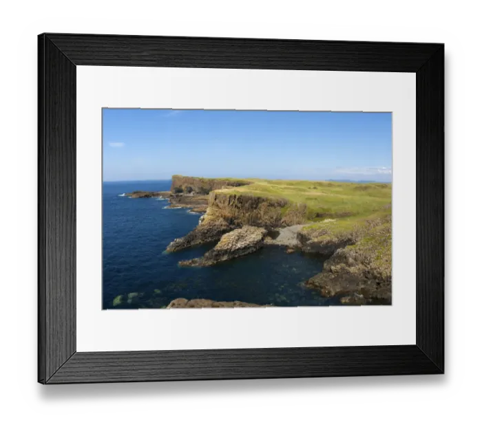 Framed Print : View of coastline with cliffs and columnar basalt rocks, Staffa, Inner Hebrides, Scotland, july