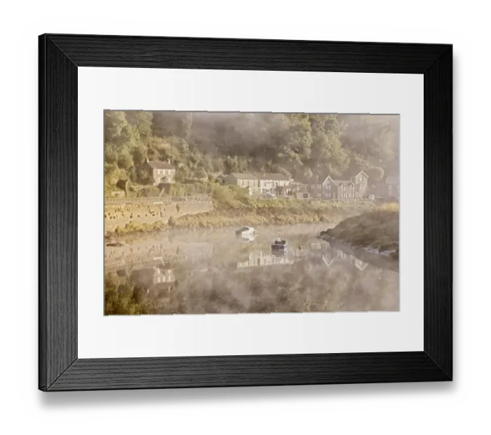 Framed Print : View of village on riverbank in mist at dawn, Tintern, River Wye, Wye Valley, Monmouthshire, Wales, august