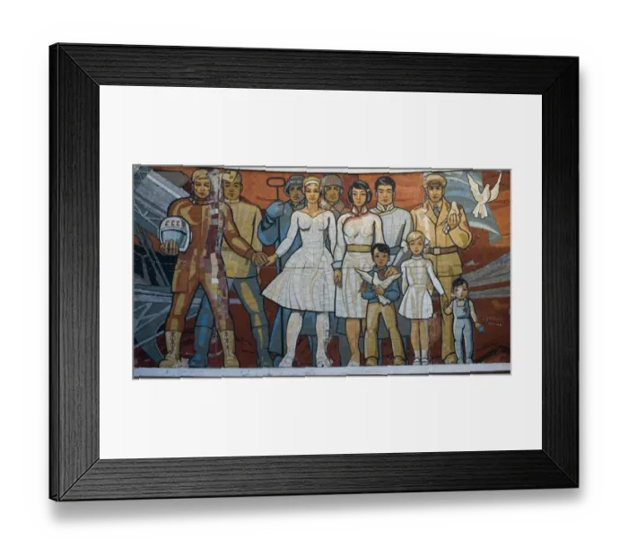 Framed Print : Mural depicting Russian cosmonaut Yuri Gagarin, first human in space, and Mongolian people with white doves Framed Print : Mural depicting Russian cosmonaut Yuri Gagarin, first human in space, and Mongolian people with white doves