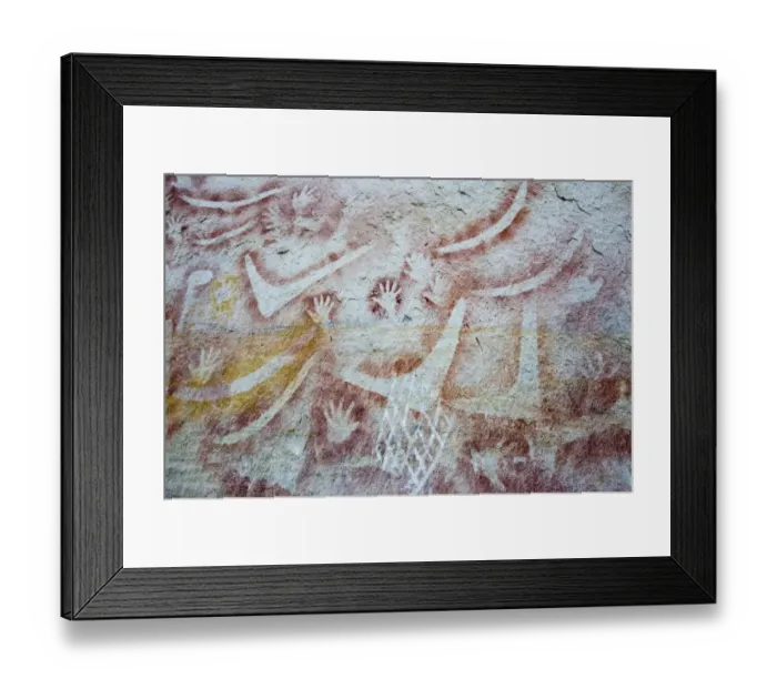 Framed Print : Aboriginal rock art, stencil art dated circa 2000 years old, showing depictions of hands and boomerangs, Art Gallery Framed Print : Aboriginal rock art, stencil art dated circa 2000 years old, showing depictions of hands and boomerangs, Art Gallery