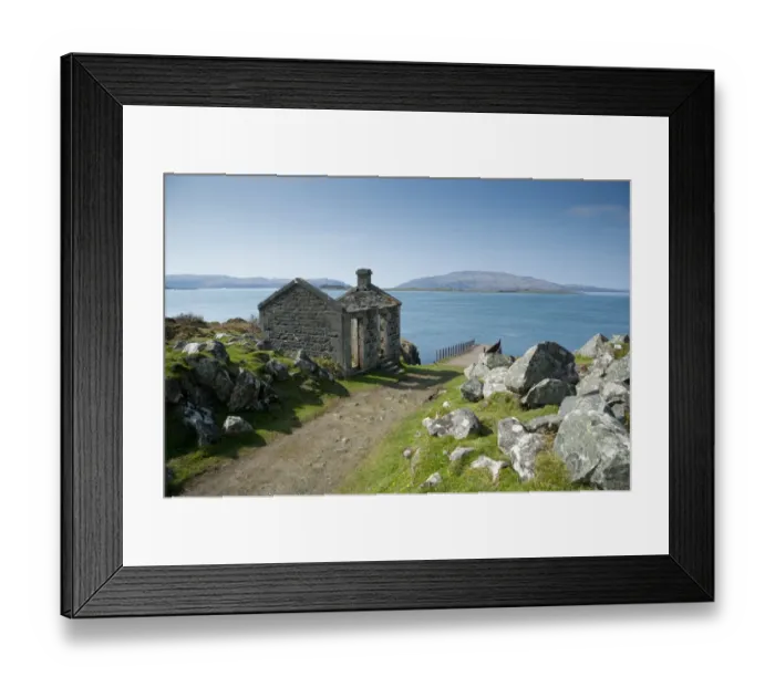 Framed Print : View of ruined ticket office, pier and coastline, Craignish, Argyll and Bute, Scotland, april Framed Print : View of ruined ticket office, pier and coastline, Craignish, Argyll and Bute, Scotland, april