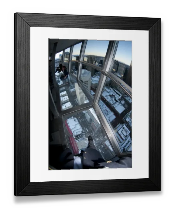 Framed Print : People sitting and standing on glass floor of observation tower, Calgary Tower, Calgary, Alberta, Canada Framed Print : People sitting and standing on glass floor of observation tower, Calgary Tower, Calgary, Alberta, Canada