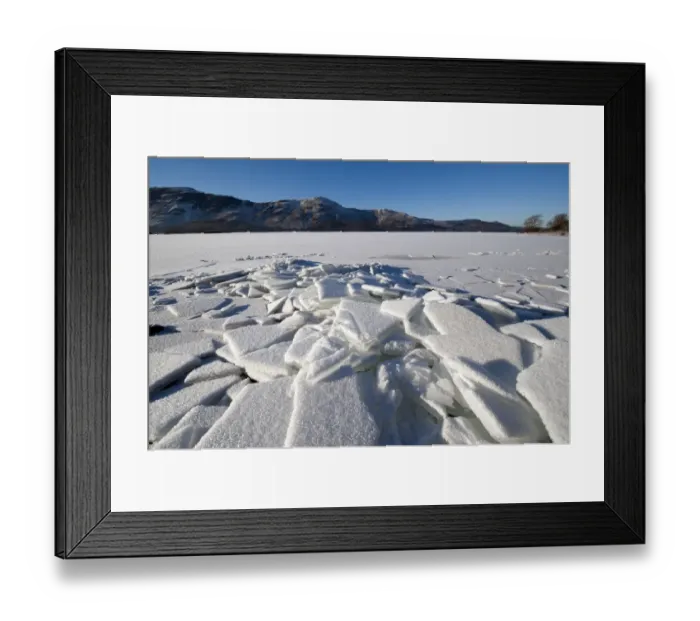 Framed Print : Piles of ice on shore of frozen lake, Derwent Water, Lake District, Cumbria, England, december 2010