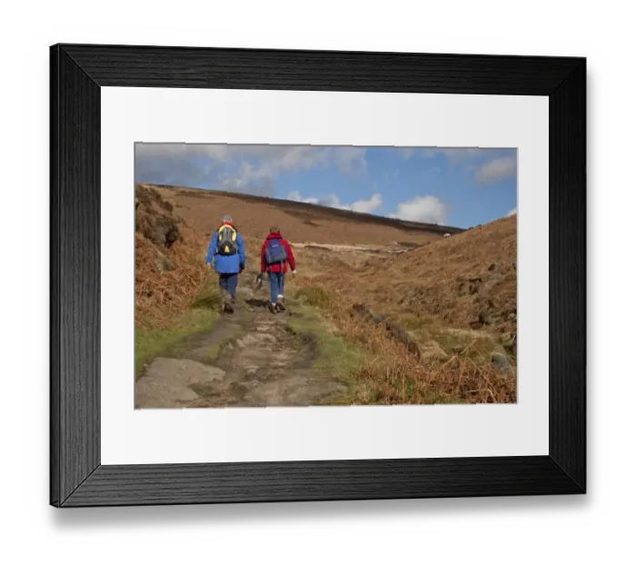 Framed Print : Two ramblers, walking on eroded path in upland habitat, Derwent Valley, Peak District, Derbyshire, England, march Framed Print : Two ramblers, walking on eroded path in upland habitat, Derwent Valley, Peak District, Derbyshire, England, march