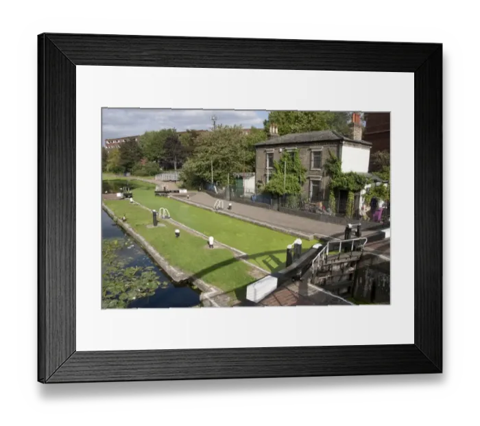 Framed Print : Lockgates with canal covered in green algae, Salmon Lane Lock, Regents Canal, Tower Hamlets, London, England, september Framed Print : Lockgates with canal covered in green algae, Salmon Lane Lock, Regents Canal, Tower Hamlets, London, England, september