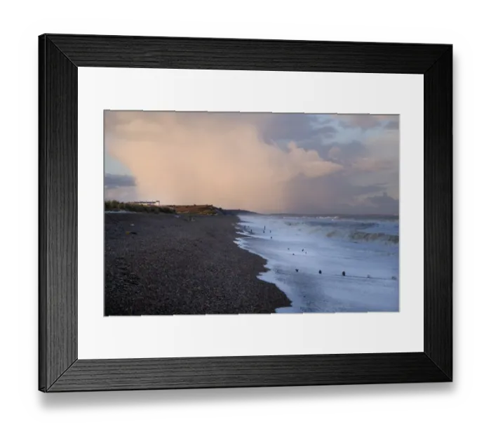 Framed Print : View of incoming tide over shingle beach, with stormclouds over old Coastguards cottages of Dunwich Heath in Framed Print : View of incoming tide over shingle beach, with stormclouds over old Coastguards cottages of Dunwich Heath in
