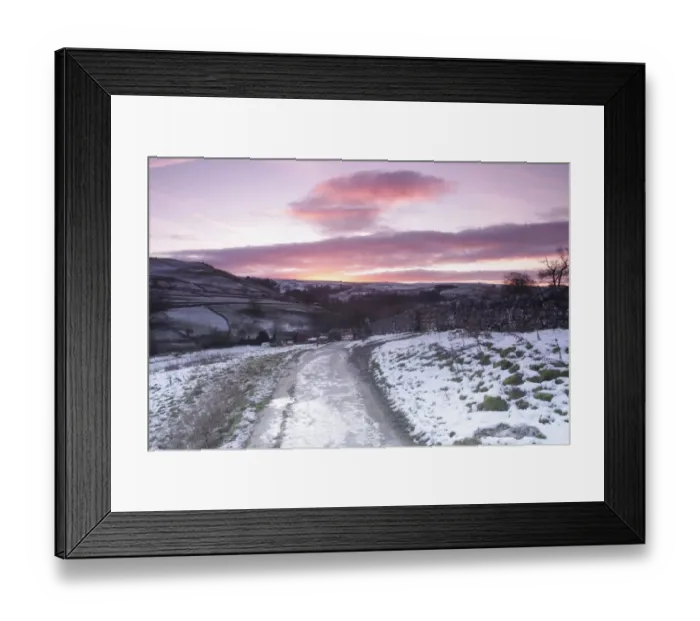 Framed Print : View of gate, drystone walls, footpath and surrounding hillside in snow at sunrise, Malham Cove, Malhamdale Framed Print : View of gate, drystone walls, footpath and surrounding hillside in snow at sunrise, Malham Cove, Malhamdale