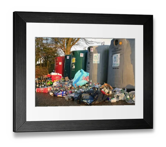 Framed Print : Bottlebanks for glass recycling, overflowing after Christmas, Bacton, Suffolk, England, january Framed Print : Bottlebanks for glass recycling, overflowing after Christmas, Bacton, Suffolk, England, january