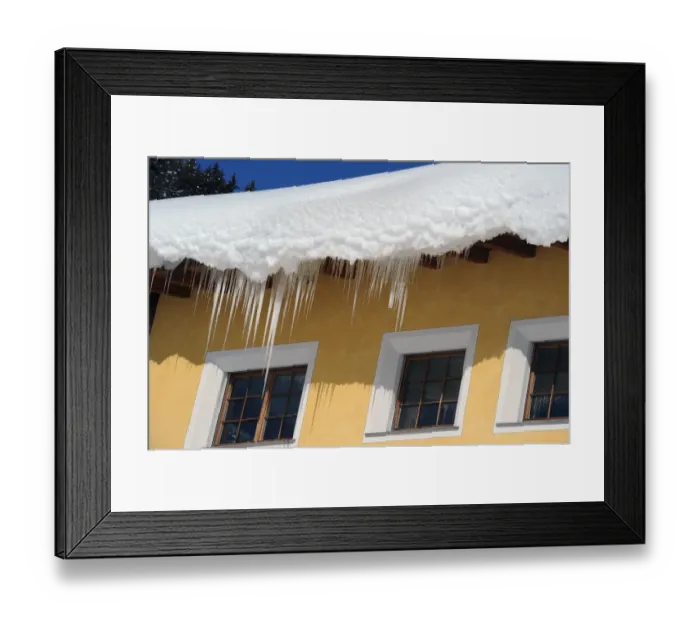 Framed Print : Deep snow and icicles on roof, Davos, Graubunden, Swiss Alps, Switzerland, january Framed Print : Deep snow and icicles on roof, Davos, Graubunden, Swiss Alps, Switzerland, january
