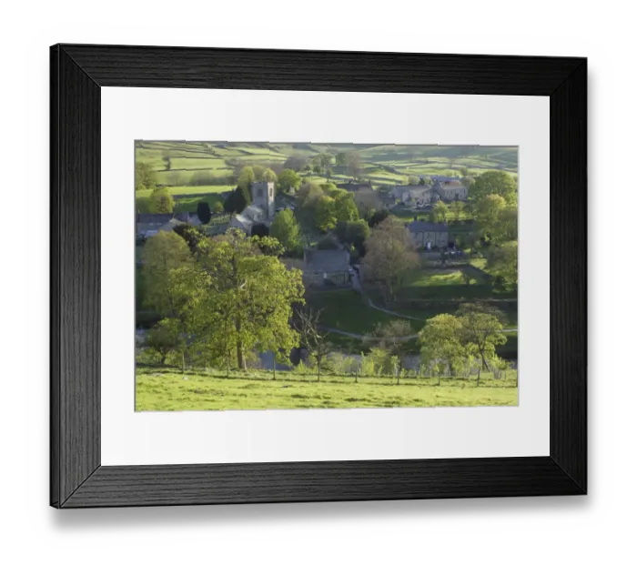 Framed Print : View of trees, pasture, river and village with church, St. Wilfrids Church, River Wharfe, Burnsall, Wharfedale Framed Print : View of trees, pasture, river and village with church, St. Wilfrids Church, River Wharfe, Burnsall, Wharfedale
