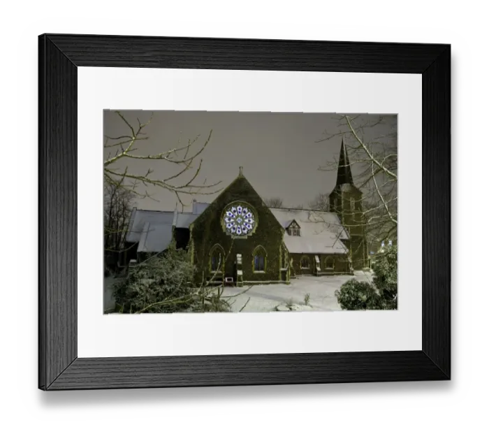 Framed Print : Church in snow at night, with interior lights shining through stained glass window, All Saints Church, Belvedere Framed Print : Church in snow at night, with interior lights shining through stained glass window, All Saints Church, Belvedere