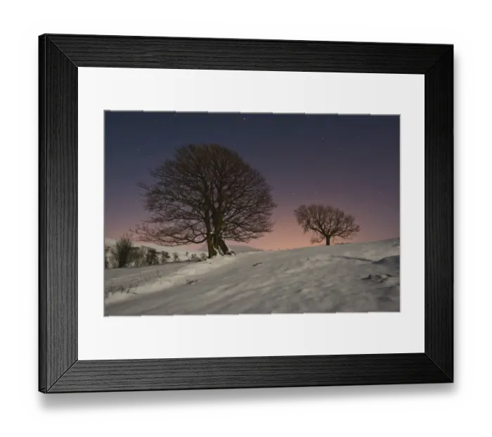 Framed Print : Trees and snow by moonlight at night, Dinkling Green Farm, Whitewell, Clitheroe, Lancashire, England, february