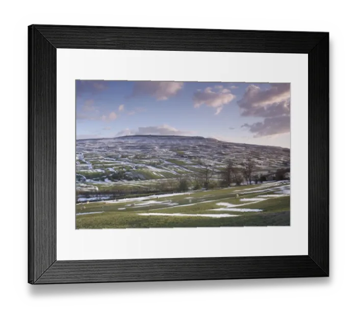 Framed Print : View of drystone walls on hillside, grazing sheep, trees and River Swale in vallley bottom after snowfall Framed Print : View of drystone walls on hillside, grazing sheep, trees and River Swale in vallley bottom after snowfall