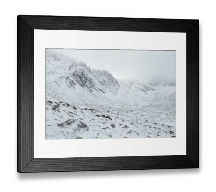 Framed Print : View of glacial corrie valley landform covered in snow, Coire an t-Sneachda, Cairngorms, Grampian Mountains, Highlands Framed Print : View of glacial corrie valley landform covered in snow, Coire an t-Sneachda, Cairngorms, Grampian Mountains, Highlands