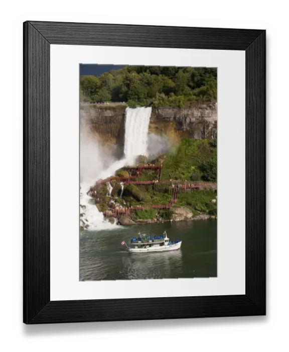 Framed Print : Maid of the Mist tour boat and tourists on Hurricane Deck viewing waterfall, Bridal Veil Falls, Niagara Falls