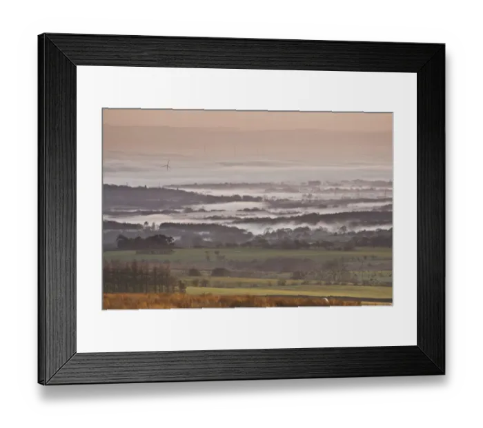 Framed Print : View of farmland in mist at sunset, Fylde, Lancashire, England, february Framed Print : View of farmland in mist at sunset, Fylde, Lancashire, England, february
