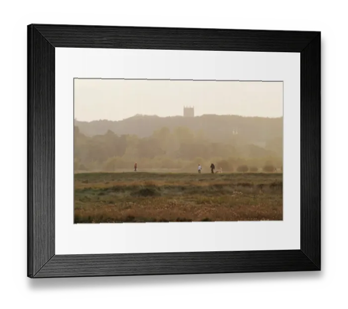 Framed Print : View of walkers with dogs at sunset, with church tower in distance, Cley Marshes, Cley-next-the-sea, North Norfolk Framed Print : View of walkers with dogs at sunset, with church tower in distance, Cley Marshes, Cley-next-the-sea, North Norfolk