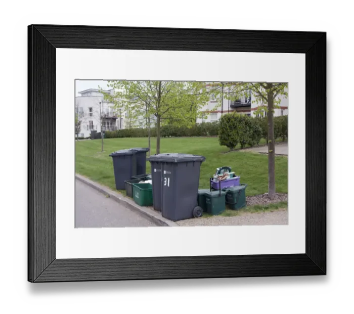 Framed Print : Domestic refuse and recycling, waiting for collection on housing estate, Guildford, Surrey, England, april Framed Print : Domestic refuse and recycling, waiting for collection on housing estate, Guildford, Surrey, England, april