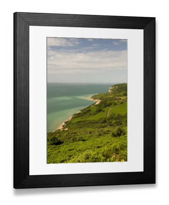 Framed Print : View of coastline, viewed from Hastings Country Park, Covehurst Bay, English Channel, East Sussex, England, july Framed Print : View of coastline, viewed from Hastings Country Park, Covehurst Bay, English Channel, East Sussex, England, july