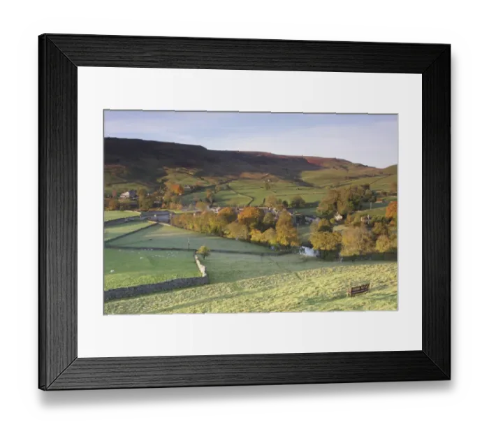 Framed Print : View of pasture with sheep, trees, village and river flowing through valley bottom, River Wharfe, Burnsall, Wharfedale Framed Print : View of pasture with sheep, trees, village and river flowing through valley bottom, River Wharfe, Burnsall, Wharfedale