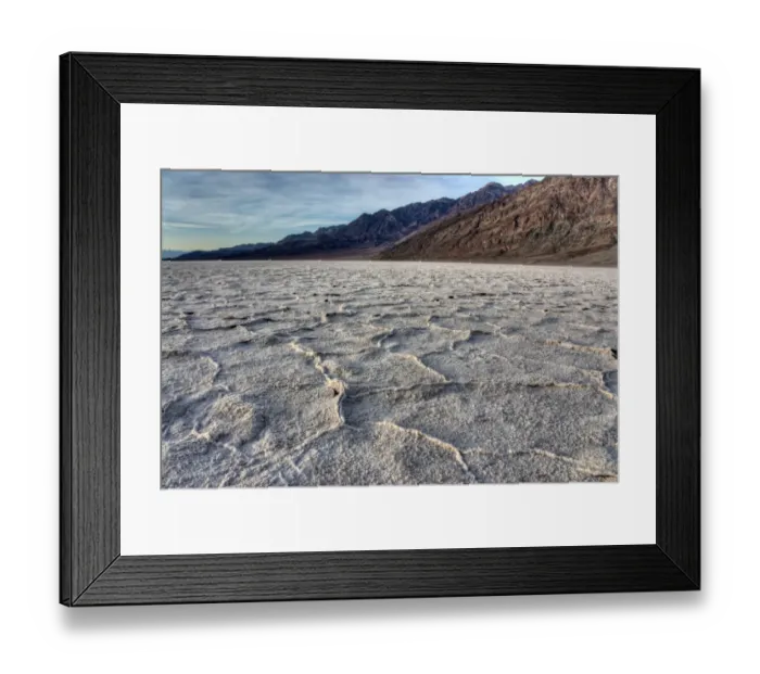 Framed Print : Salt flat with drying and expanding salt crystals, lowest point below sea level on continent, Badwater Basin Framed Print : Salt flat with drying and expanding salt crystals, lowest point below sea level on continent, Badwater Basin