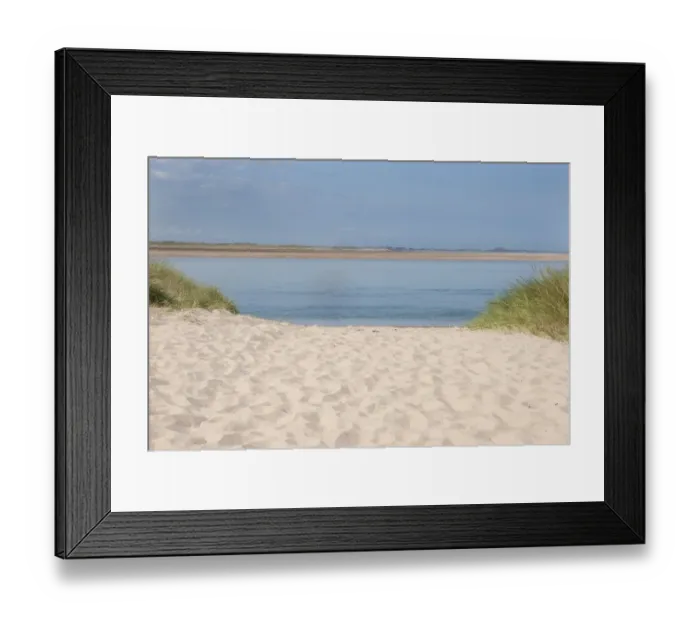 Framed Print : View of sand dunes and coastline, Budle Bay, Northumberland, England, august Framed Print : View of sand dunes and coastline, Budle Bay, Northumberland, England, august
