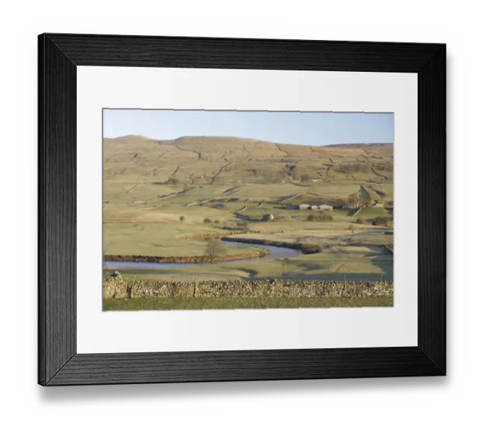 Framed Print : View of drystone walls, pasture and farm buildings in valley bottom with slight frost, River Ure, Burtersett Framed Print : View of drystone walls, pasture and farm buildings in valley bottom with slight frost, River Ure, Burtersett