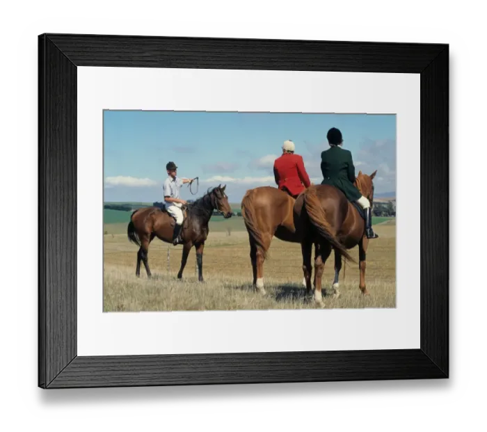 Framed Print : Master of Hunt and wife with local landowner, waiting on horseback during harrier hunt Framed Print : Master of Hunt and wife with local landowner, waiting on horseback during harrier hunt