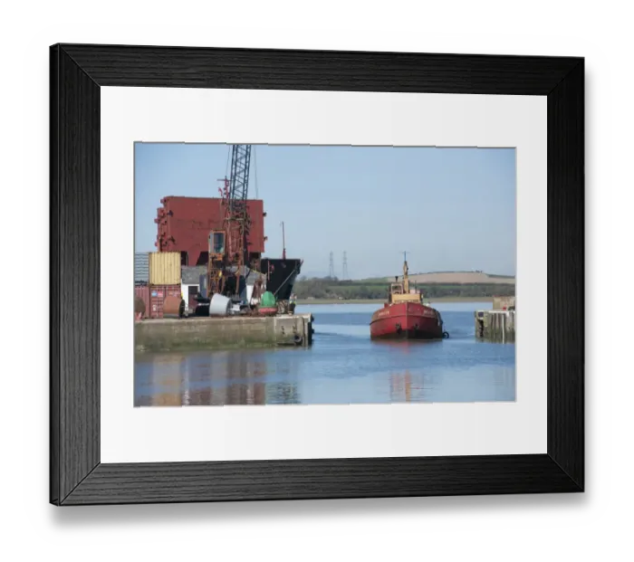 Framed Print : Boat entering dock, Glasson Dock, River Lune, Lancaster, Lancashire, England, march