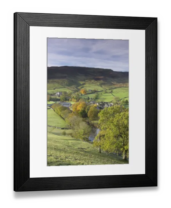 Framed Print : View of pasture, trees, river and village, River Wharfe, Burnsall, Wharfedale, Yorkshire Dales N. P Framed Print : View of pasture, trees, river and village, River Wharfe, Burnsall, Wharfedale, Yorkshire Dales N. P