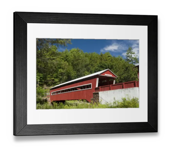 Framed Print : View of covered bridge crossing river, The Twin Bridges, East and West Paden, Huntington Creek, Columbia County
