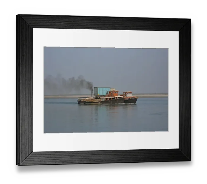 Framed Print : Two river ferries in tandem, carrying truck over river, Lohit River, Assam, India, january