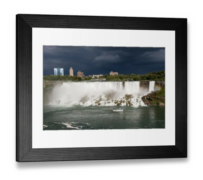 Framed Print : Maid of the Mist tour boat and tourists on Hurricane Deck viewing waterfall under stormy sky Framed Print : Maid of the Mist tour boat and tourists on Hurricane Deck viewing waterfall under stormy sky