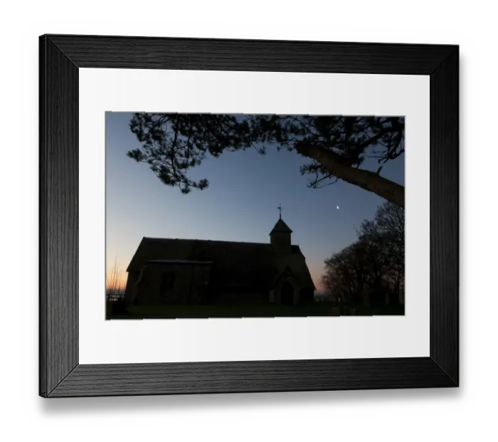 Framed Print : Church silhouetted at dawn, Harty Church, Harty, Isle of Sheppey, Kent, England, january Framed Print : Church silhouetted at dawn, Harty Church, Harty, Isle of Sheppey, Kent, England, january