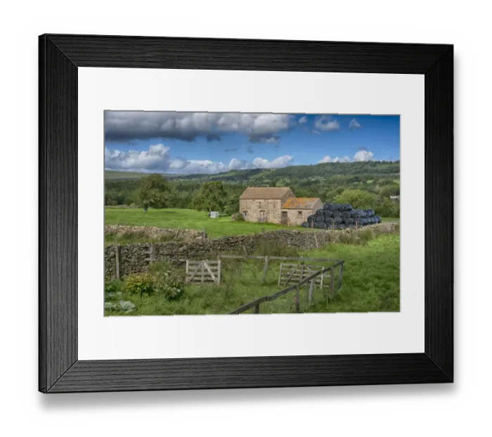 Framed Print : View of pasture, drystone walls, stone field barn and large black bales of silage, Leyburn, North Yorkshire, England Framed Print : View of pasture, drystone walls, stone field barn and large black bales of silage, Leyburn, North Yorkshire, England