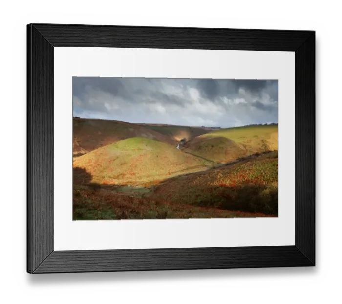 Framed Print : View of Iron Age hillfort on hilltop in valley at dawn, Cow Castle, Two Moors Way, River Barl, near Simonsbath Framed Print : View of Iron Age hillfort on hilltop in valley at dawn, Cow Castle, Two Moors Way, River Barl, near Simonsbath