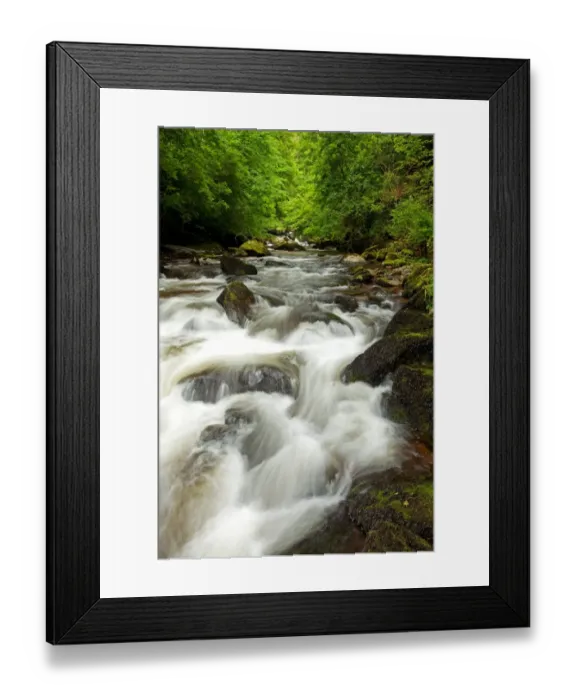 Framed Print : View of fast-flowing river, East Lyn River, East Lyn Valley, Lynmouth, North Devon, England, May