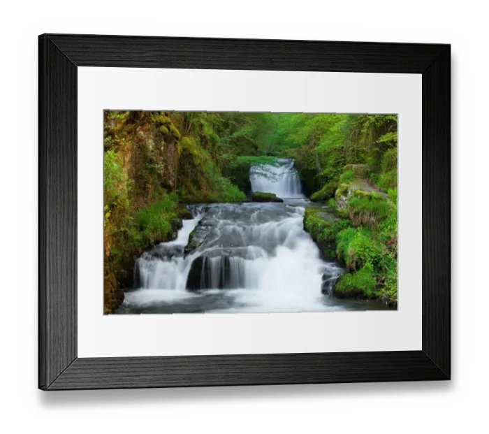 Framed Print : Waterfall situated at confluence of East Lyn River and Hoar Oak Water, Watersmeet Falls, Lynmouth, North Devon