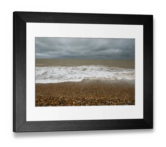 Framed Print : Waves crashing against shoreline of shingle beach, Dungeness, Kent, England, June
