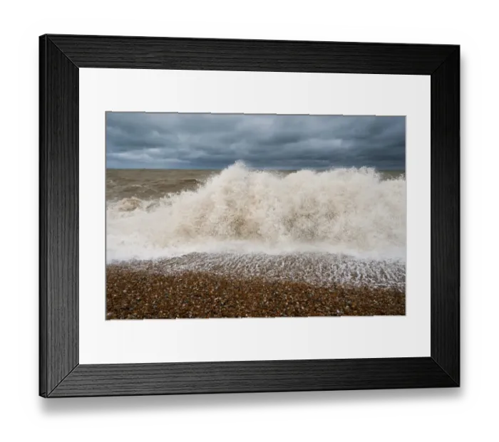 Framed Print : Waves crashing against shoreline of shingle beach, Dungeness, Kent, England, June Framed Print : Waves crashing against shoreline of shingle beach, Dungeness, Kent, England, June