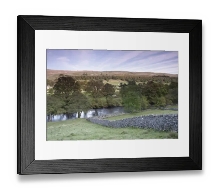 Framed Print : View of drystone walls, river and trees in evening light, River Wharfe, Kettlewell, Wharfedale, Yorkshire Dales N. P