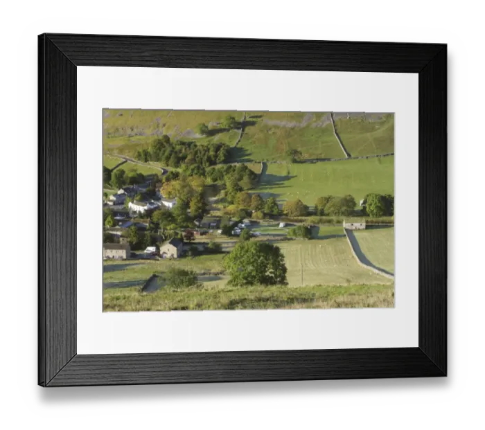 Framed Print : View of village in valley bottom, drystone walls and sheep grazing in pasture, Kettlewell, Wharfedale