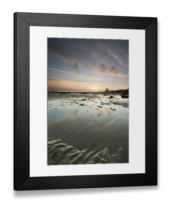 Framed Print : View of beach at low tide, with 12th Century ruined church in distance, at sunrise, St Framed Print : View of beach at low tide, with 12th Century ruined church in distance, at sunrise, St