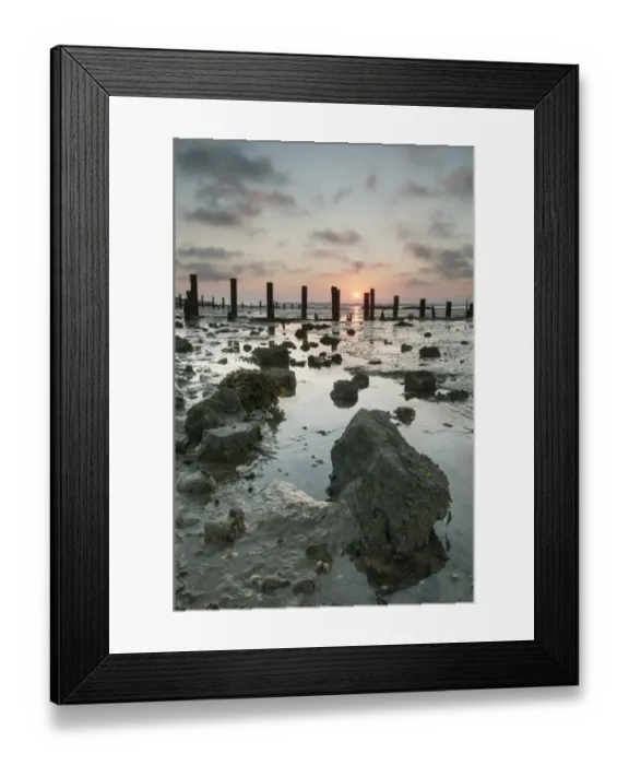 Framed Print : Beach and breakwaters at low tide, at sunset, South Swale Nature Reserve, Kent, England, July Framed Print : Beach and breakwaters at low tide, at sunset, South Swale Nature Reserve, Kent, England, July