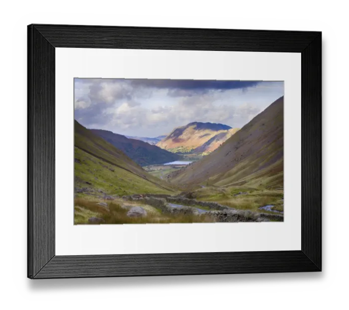 Framed Print : View of upland landscape and lake, viewed from Kirkstone Pass, Brothers Water, Lake District, Cumbria, England, October Framed Print : View of upland landscape and lake, viewed from Kirkstone Pass, Brothers Water, Lake District, Cumbria, England, October