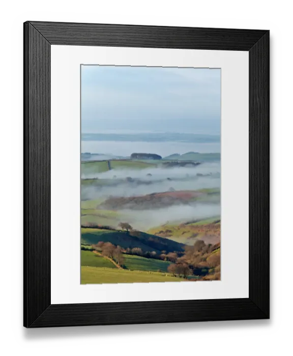 Framed Print : View of trees, pasture and rolling hills with mist rising in early morning, Exmoor N. P. Somerset, England, April Framed Print : View of trees, pasture and rolling hills with mist rising in early morning, Exmoor N. P. Somerset, England, April